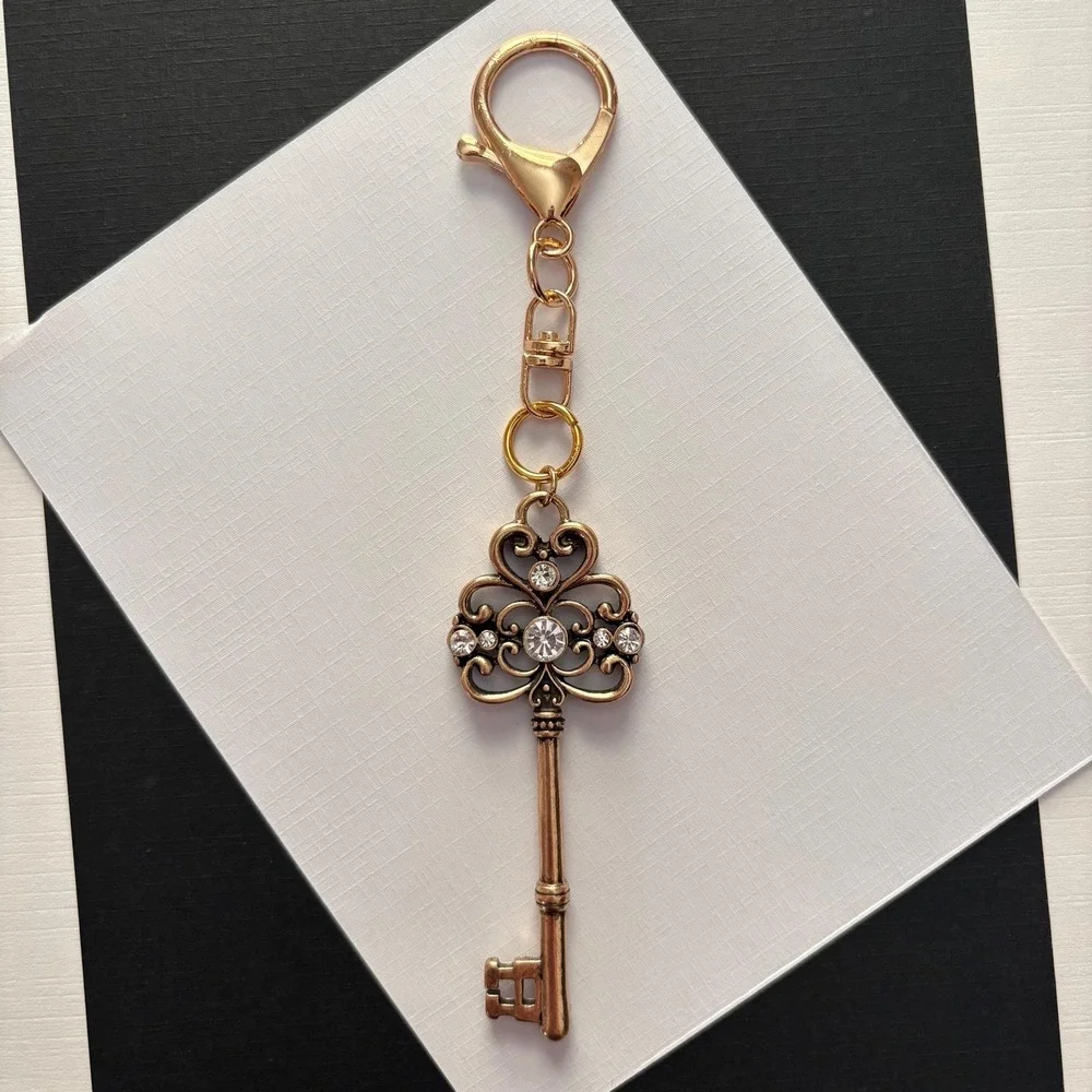Vintage Style Skeleton Key Purse Charm Keychain with Rhinestones Bag Accessory